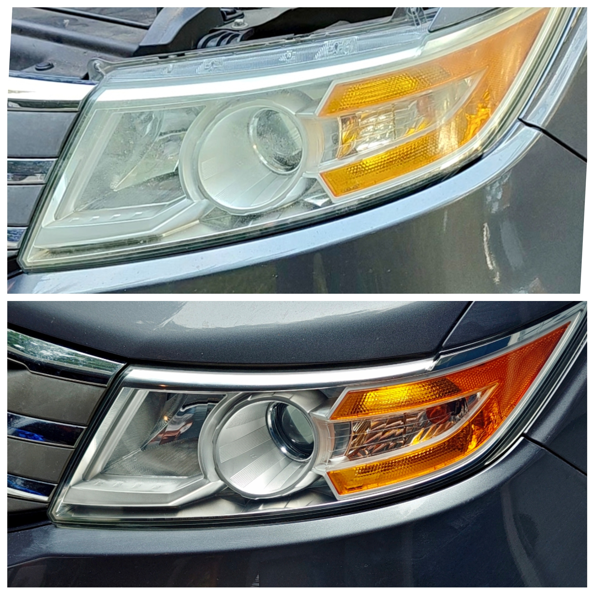 Headlight restoration before and after on a dark vehicle
