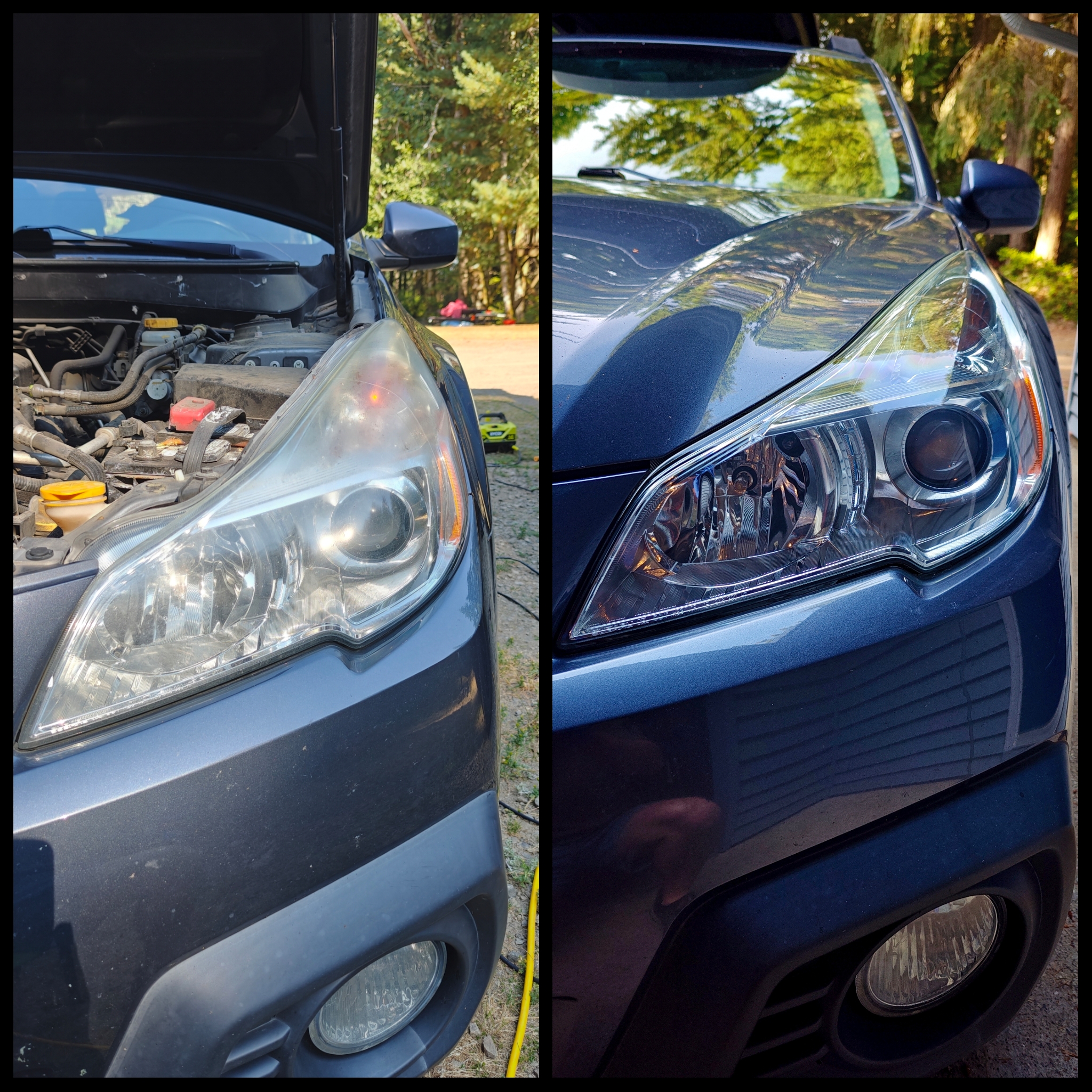 Headlight restoration before and after on a pickup truck
