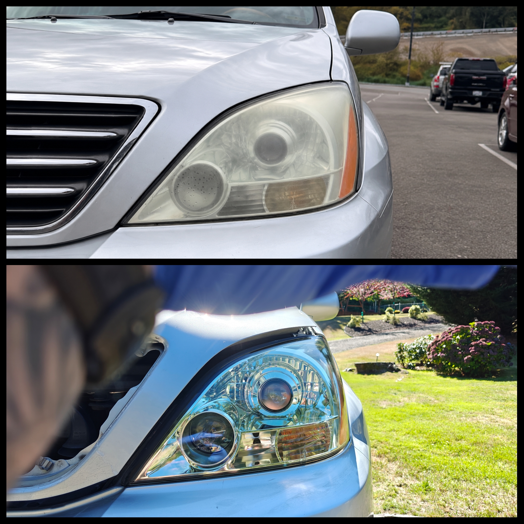 Headlight restoration before and after on a red vehicle